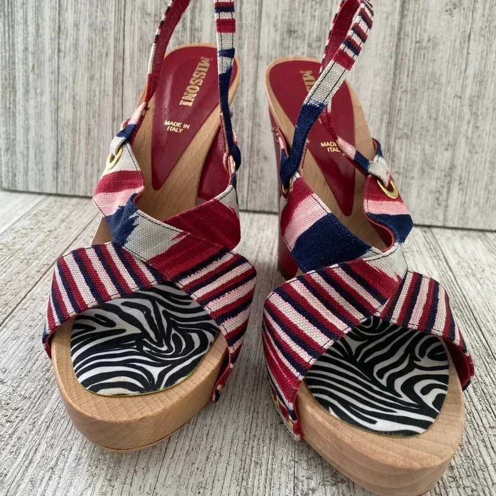 MISSONI OLONA Red Striped Wedge Heels N5443 Size 38 EU